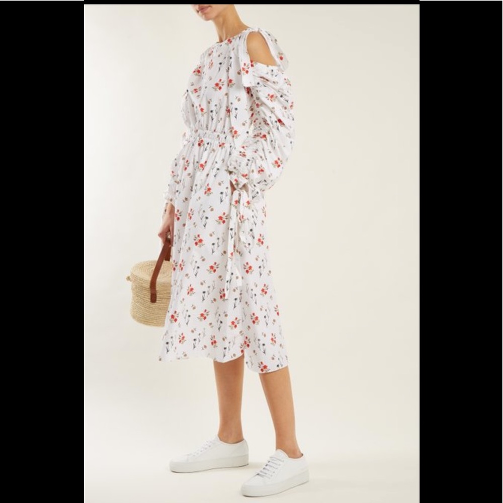 Gathered-sleeve floral-print cotton dress